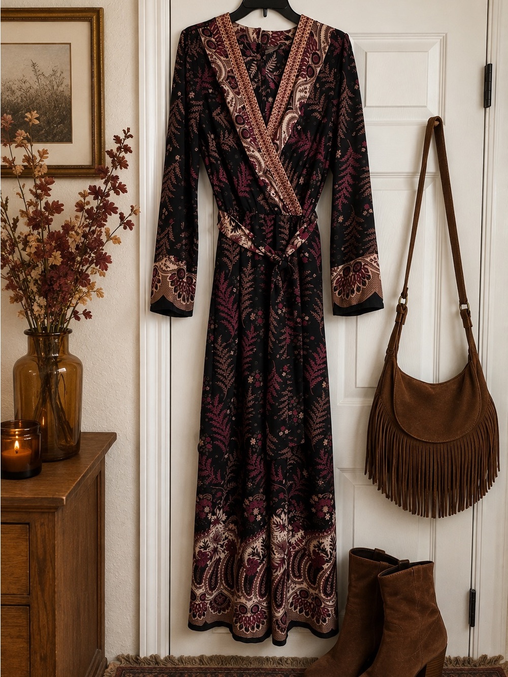 Bohemian Floral Wrap Maxi Dress in Black and Plum